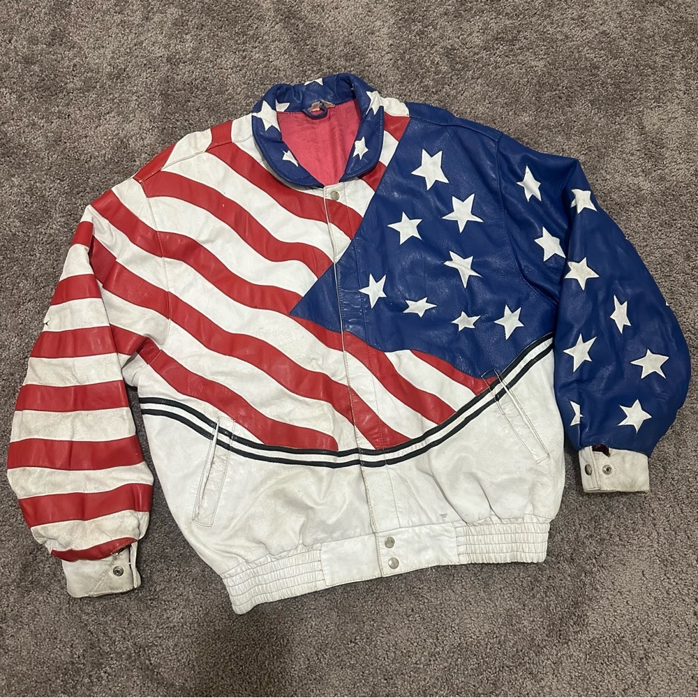 VTG Freedom‎ Without Fear Eagle American Flag Leather Bomber Jacket Adult XXL